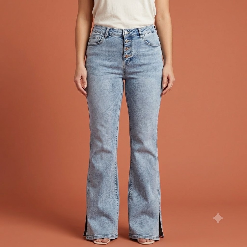 Venus Women's Size 14‎ Light Wash Button Fly Flare Jeans Side Slit Stretch EUC